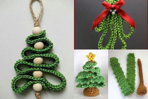 Crochet Ribbon Christmas Tree Ornaments, Crochet Christmas Ribbon Tree, Crochet Ribbon Tree Ornament, Crochet Ribbon Christmas Tree, Crochet Ribbon Christmas Tree Pattern, Small Crochet Christmas Projects, Crochet Christmas Tree Ornaments Pattern Free, Free Crochet Patterns For Christmas Ornaments, Crochet Tree Ornaments Free Pattern