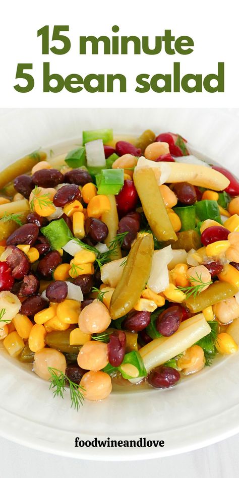 Best ever and so easy to make! A 15 minute 5 bean salad that is perfect for summer dining. Parties, potlucks, luncheons, tailgates, picnics, and barbecues. Homemade diy vegan recipe. Vegan Side Salad, Bean Salad Recipes Healthy, 5 Bean Salad, Bean Salad Recipes Easy, Green Bean Side Dish Recipes, Summer Bean Salad, Five Bean Salad, Bean Salad Recipe, Homemade Beans