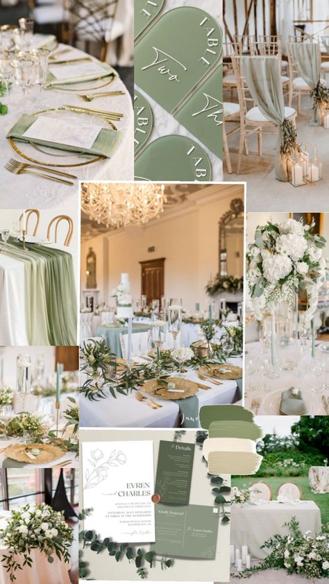 Classy Sage Green Wedding, Green Wedding Palette Colour Schemes, Diy Sage Green Wedding Decor, Sage Green White And Gold Wedding Theme, Sage Green Wedding Mood Board, Simple Wedding Theme Ideas Color Schemes, Pistachio Wedding Theme, Eucalyptus Wedding Colors, Green Color Wedding Theme