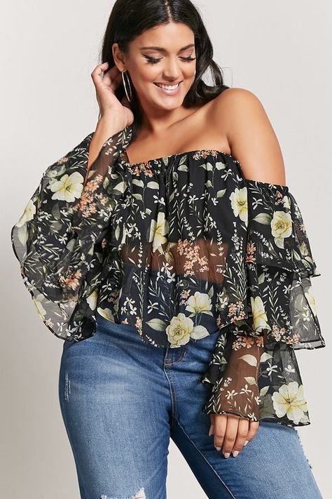 FOREVER 21+ Plus Size Floral Bell-Sleeve Top  #plussize 21 Outfits, Black Bell Sleeve Dress, Forever 21 Outfits, Sleeved Velvet Dress, Plus Zise, Flared Sleeves Top, Ruffled Blouse, Moda Chic, Bell Sleeve Dress