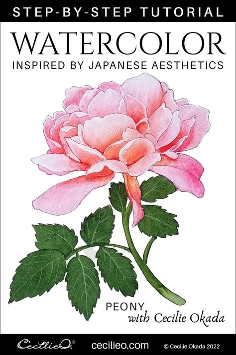 Peony Watercolor Tutorial Inspired by Japanese Aesthetics Peony Watercolor Painting, Peonies Artwork, How To Watercolor, Peony Drawing, Peony Watercolor, Portrait Tutorial, Watercolor Clouds, Watercolor Tutorial, Peony Painting