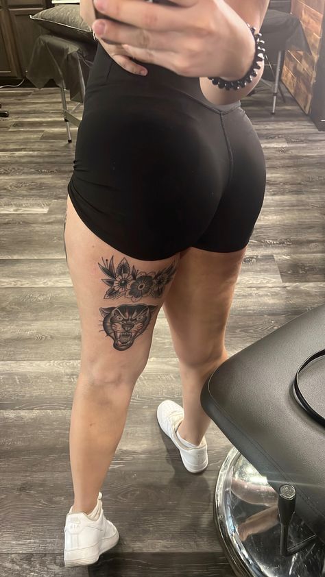 Leg Tattoos On Women, Panther Tattoo Thigh, Top Of Leg Tattoo, Front Of Calf Tattoos For Women, Back If Leg Tattoos, Tattoos Back Of Leg, Upper Hamstring Tattoo, Tattoo Behind Thigh Women, Patchwork Tattoo Legs Women