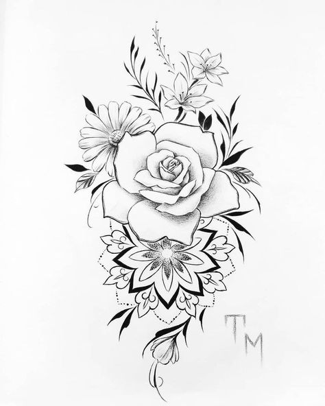 Tropisches Tattoo, Single Rose Tattoos, Mandala Flower Tattoos, Beautiful Flower Tattoos, Muster Tattoos, Floral Tattoo Sleeve, Sketch Tattoo, Floral Tattoo Design, Pin Up Tattoos