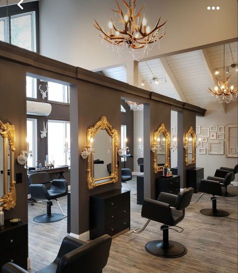 Gothic Hair Salon Decor, Hair Salon Lighting, Beauty Salon Interior Luxury, Glam Hair Salon, Small Hair Salon, Luxury Houses Kitchen, Salon Design Ideas, Beauty Room Salon, Hair Salon Ideas