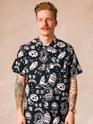 Dead Tired Button Up Shirt – Edge of Urge Food Socks, Unique Breakfasts, Hawaiian Tiki, Food Shirt, Breakfast Food, Mens Button Up, Fleece Sweater, Collared Shirt, Sweater And Shorts