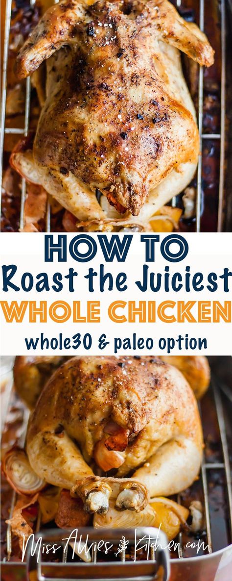 How To Roast the Juiciest Whole Chicken right in your oven! This recipe makes the chicken both crispy on the outside and tender and juicy inside. It's so easy and healthy! Whole30 and Paleo option! #whole30 #paleo #healthyrecipes #healthyeating #chickendinner #chicken #dinner #dinnerrecipes Carnivore Dishes, Whole Baked Chicken, Whole Chicken Recipes, Whole Roasted Chicken, Recipes Family, How To Roast, Oven Roasted Chicken, Roast Chicken Recipes, Stuffed Whole Chicken