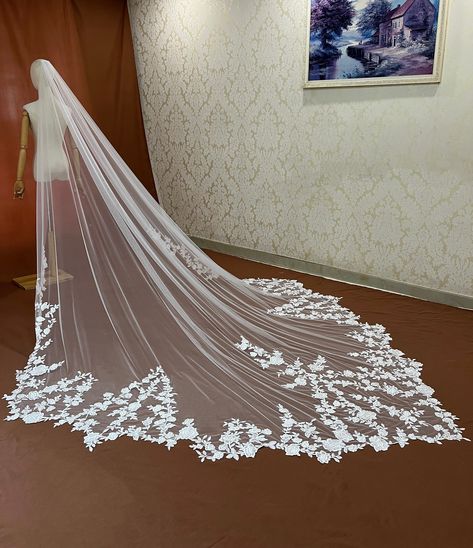 this one is customized shape veil with floral lace around the edge,the lace can be changed with others to match your dress,also the length can be customized Regal Length Wedding Veil, Vail For Wedding Dress, Extra Long Wedding Veils, Long Floral Veil, Bridal Veil Ideas, Bridal Vale, Floral Veil Wedding, Wedding Veil Ideas, Long Wedding Veils