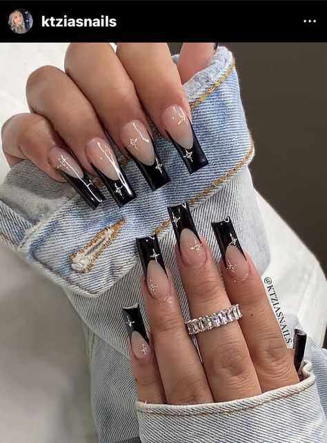 Ballerina Acrylic Nails, Black French Tip, Tapered Square Nails, Black Acrylic Nails, Punk Nails, Grunge Nails, Pointed Nails, Girly Acrylic Nails, French Acrylic Nails