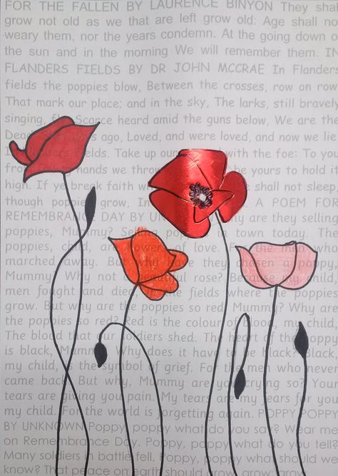 Remembrance Day art with poems in the background. Poppies drawn over the top - using different media to create each poppy. Remembrance Day Backgrounds, Poppy Poster Ideas, Remberance Day Art, Remembrance Day Wallpaper, Remembrance Day Drawings, Anzac Art, Background Drawing Ideas, Vfw Auxiliary, Remembrance Day Poems