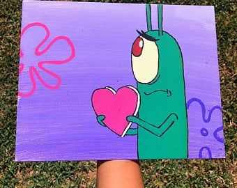 plankton with heart painting Plankton Heart Painting, Plankton Canvas Painting, Plankton Painting, Cartoon Paintings Easy, 90s Cartoon Canvas Painting, Disney Canvas Paintings, Oil Pastel Drawings Easy, Basic Painting, Small Canvas Paintings