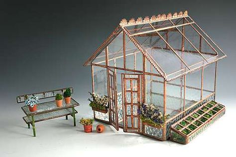 antique_glass_greenhouse_8_x_10_inches_with_coldframe_and_potting_bench Miniature Greenhouse, Glass Greenhouse, Miniature Decor, Fused Glass Panel, Dollhouse Garden, Mini Greenhouse, Miniature Plants, Miniature Rooms, Glass Studio