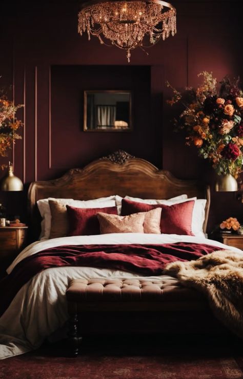 Master Bedrooms Maroon, Burgundy Bedroom Walls, Bordeaux Bedroom, Dark Red Bedroom, Red Victorian Bedroom, Burgandy Bed, Dark Red Victorian Bedroom, Burgundy Bedroom Ideas, Burgundy Bedroom