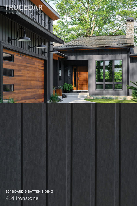 Image of Quality Edge Ironstone board & batten siding profile on a home. Vertical House Siding, Vertical Siding Exterior, Modern Siding, Porch Renovation, New Home Exterior, Paint House, Steel Siding, Vertical Siding, Garage Addition