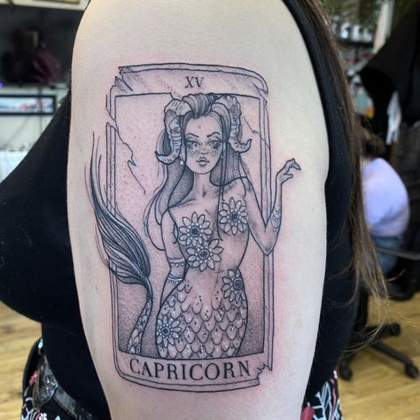 Female Capricorn Tattoo, Capricorn Tarot Card Tattoo, Scorpio Capricorn Tattoo, Capricorn Goddess Tattoos For Women, Unique Capricorn Tattoo Ideas, Capricorn Goddess Tattoo, Capricorn Tattoo For Women, Capricorn Symbols, Capricorn Tarot Card