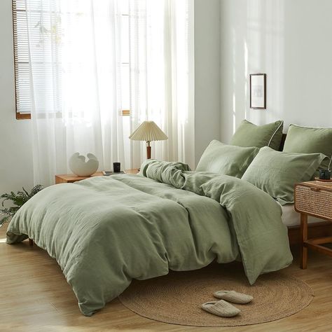 Amazon.com: Simple&Opulence 100% Linen Duvet Cover Set 3pcs Natural French Basic Style Washed Flax Solid Color Breathable Soft Farmhouse Bedding with Button Closure (Sage Green, King) : Home & Kitchen Sage Green Comforter Bedroom, Green Comforter Bedroom, Sage Green Duvet Cover, Sage Green Duvet, Sage Green Bedding, Bedroom Plan, Green Comforter, Green Duvet, Linen Duvet Cover