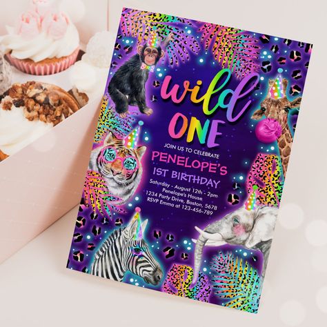 Cheetah Print Birthday, Cheetah Birthday Party, Lisa Frank Birthday Party, Cheetah Birthday, Rainbow Birthday Invitations, Animals Safari, Neon Birthday, Wild Safari, Party Animals