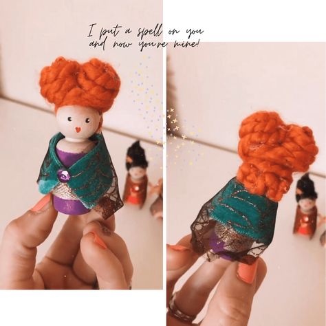 Gnome Peg People, Hocus Pocus Ornaments Diy, Sanderson Sisters Peg Dolls, Hocus Pocus Dollhouse, Hocus Pocus Peg Dolls, Halloween Peg People, Hollowed Crafts, Hocus Pocus Diy Decor, Hocus Pocus Crafts Diy