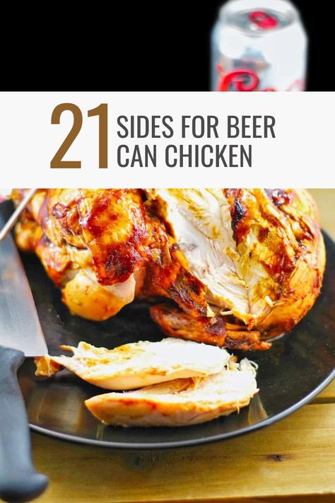 beer can chicken on a black plate with a knife and a can of beer in the background Barbecue Appetizers, Smoked Beer Can Chicken, Summer Bbq Side Dishes, Smoked Chicken Recipes, Bbq Veggies, Baked Breaded Chicken, Bbq Party Food, Can Chicken Recipes, Beer Chicken