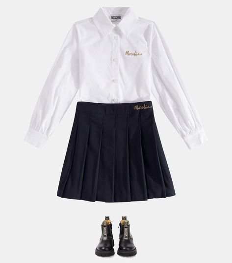 Embroidered cotton shirt and skirt set in blue - Moschino Kids | Mytheresa Shirt And Skirt Set, Shirt And Skirt, Moschino Kids, Baby Boy Shoes, Kids Sale, Moschino, Cotton Shirt, Skirt Set, Color Design