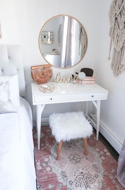 My latest home project is complete! I️ wanted an area to get ready at each morning so I️ switched my nightstand out for this mini desk that I’m using as a vanity. When you live in a NY apartment, you have to get creative. Sharing all the details on the blog! {Direct Link in Bio} http://liketk.it/2twx9 #liketkit @liketoknow.it @liketoknow.it.home #LTKhome Neutral Bedrooms, Small Vanity, Gold Home Decor, Gold Bedroom, Trendy Bedroom, White Bedroom, Design Case, New Room, Small Bedroom