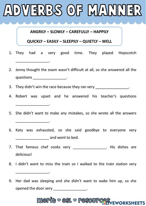 Kinds Of Adverbs Worksheet, Adverbs Worksheet Grade 3, Adverbial Phrases Worksheets, Adverb Of Manner Worksheet, Adverb Of Manner, Adverbs Of Manner, Adverb Activities, Adverbial Phrases, English Language Learning Activities