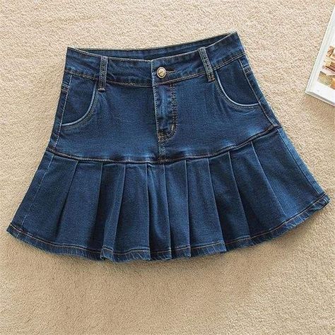 d9731321ef4e063ebbee79298fa36f56desc42378622ri Denim Pleated Skirt, Pleated Denim Skirt, Skirt With Ruffles, Denim Skirt Fashion, Rok Mini, Short Pollera, Short Jean Skirt, Moda Denim, Pretty Skirts