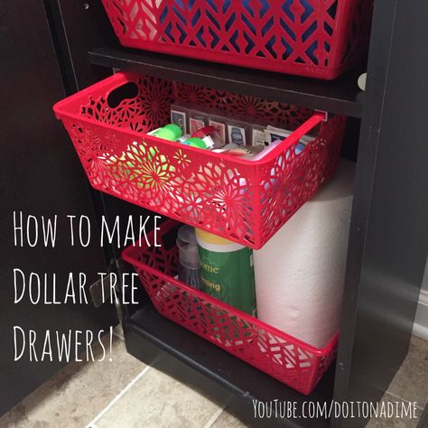 Turn Dollar Tree bins into drawers Diy Dollar Tree Storage, Dollar Tree Storage Ideas, Dollar Tree Baskets, Dollar Tree Storage, Dollar Tree Organization, Dollar Store Diy Organization, Dollar Tree Hacks, Dollar Store Hacks, Dollar Tree Finds