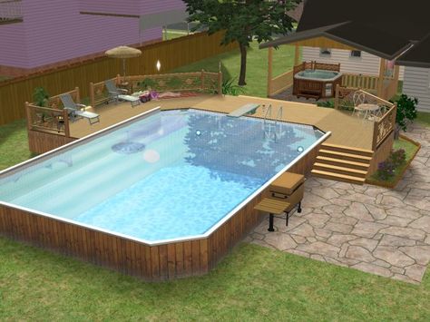 How to make an above ground pool - tutorial is for Sims 2, but might still work in 3?? Mod Pool, Small Above Ground Pool, Pool Landscaping Ideas, Moderne Pools, Deck And Patio, Swimming Pool Decks, Swimming Pool Landscaping, Pool Landscape, Above Ground Pool Landscaping