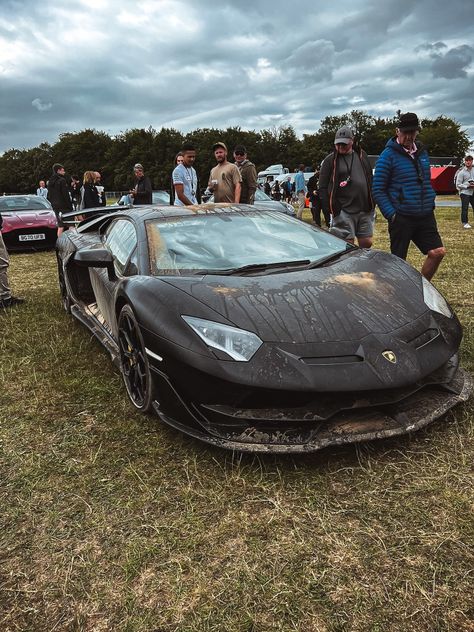 Black supercar covered in mud and dirt Lamborghini Svj Black, Aventador Svj, Goodwood Festival Of Speed, Festival Of Speed, Black Car, Lamborghini Aventador, Car Photos, Lamborghini, Sports Car