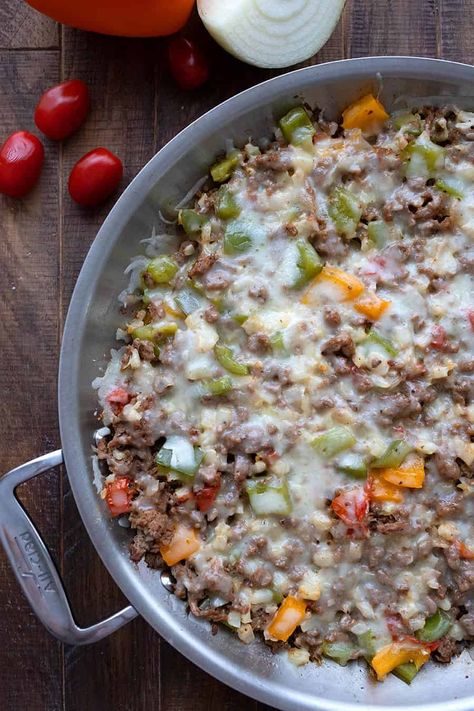 Keto Stuffed Pepper Skillet Ground Beef Philly, Stuffed Green Pepper, Stuffed Pepper Skillet, Lillie Eats And Tells, Keto Skillet, Pepper Skillet, Keto Stuffed Peppers, Easy Skillet Meals, Keto Casserole