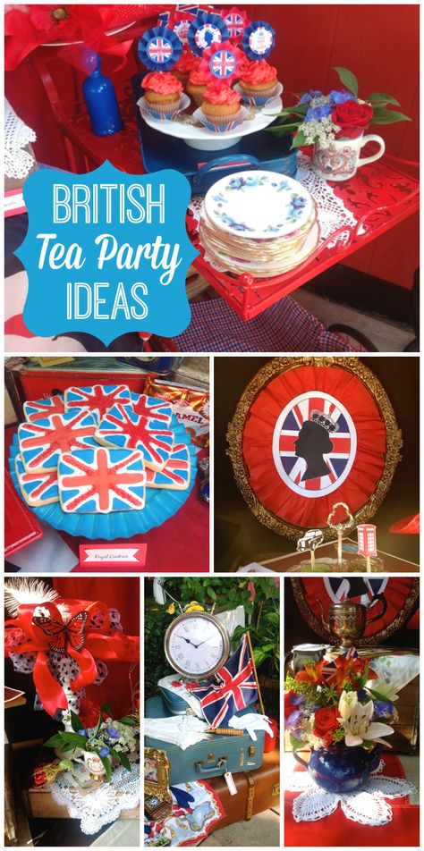 This Royal High Tea features the Union Jack, double decker buses and fascinator hats!  See more party ideas at CatchMyParty.com! Europe Party, British Themed Parties, England Party, British Tea Party, Geek Birthday, British Party, Royal Tea Parties, Tea Party Ideas, English Tea Party