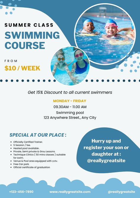 Dive into the world of swimming with our custom-designed course flyers! Perfect for any swim school or club. Swim School Design, Gym Ads, Learn Swimming, Swimming School, Course Flyer, Pool Background, Promotion Flyer, Blue And White Design, Swimming Classes