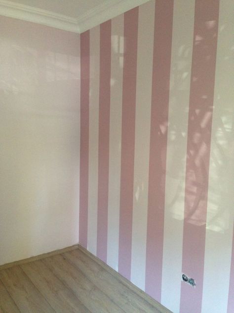 Pink Stripe Wall, Pink And White Accent Wall, Painted Wall Bedroom, Pink And White Walls, Pink And White Striped Walls, Stripe Wall Paint Ideas, Paint Designs On Wall, Room With Pink Walls, Easy Accent Wall Ideas