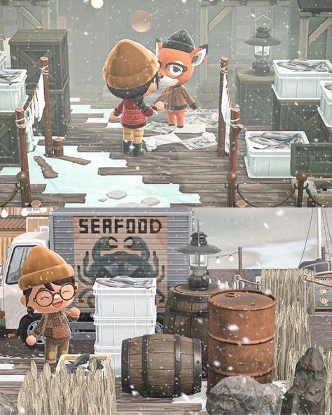 Acnh Ice Fishing, Acnh Fisherman, Fishing Village Animal Crossing, Acnh Fishing Town, Acnh Fisherman House, Acnh Truck Design Code, Animal Crossing Coastal Town, Acnh Fishing Village, Animal Crossing Fish Market