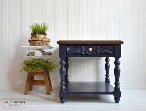 Coastal Blue Side Table | General Finishes Design Center Boys Room Diy, Diy Fireplace Mantel, Mercury Glass Lamp, Window Boxes Diy, Blue Side Table, Navy Blue Paint, Closet Makeover Diy, End Table Makeover, Painted Interior Doors