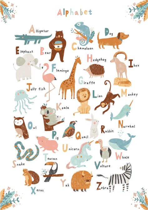 Animal Alphabet Nursery, Abc Animals, Playroom Decoration, Alphabet Prints, Print Alphabet, Nursery Illustration, Abc Art, Abc Print, Alphabet Wall Art