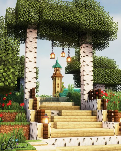 Minecraft Village Entrance Ideas, Minecraft Birch Builds, Minecraft Village Entrance, Minecraft Zoo Entrance, Minecraft Village Center, Minecraft Village Builds, Minecraft Entrance, Minecraft Church, Survival Minecraft