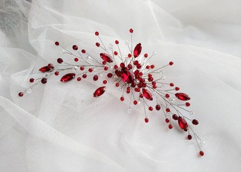 Red Prom Hair, Hair Pieces Bridal, Silver Leaf Headband, Red Wedding Hair, Red Headpiece, Red Hair Pieces, Red Hair Accessories, Hair Accessories Red, Flower Hair Accessories Wedding