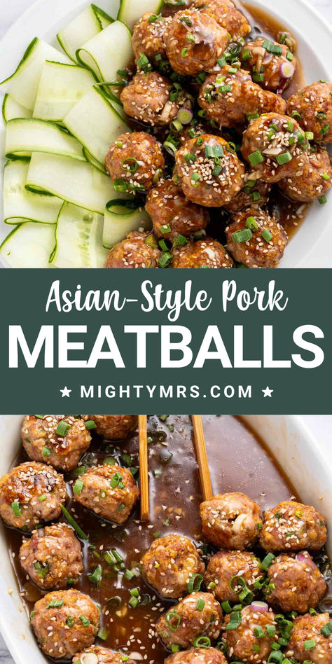 Asian-style homemade pork meatballs are seasoned with ginger and coated in a thick ginger-mirin glaze that's both salty and sweet. Pair with rice and a veggie for an easy healthy dinner or meal-prep lunch. This dish is anything, but boring. Amazing flavor and texture in every bite! Asian Pork Meatballs, Meatball Bowl, Asian Chicken Meatballs, Pork Meatball, Traditional Asian Dish, Asian Meatballs, Asian Pork, Prep Lunch, Pork Meatballs