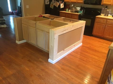 Stock cabinets and some custom framing make for a great diy island! 9 Foot Kitchen Island, Kitchen Island Using Stock Cabinets, Kitchen Island Build, Build A Kitchen Island, Build Kitchen Island, Cabinet Island, Portable Kitchen Island, Kitchen Island Cabinets, Old Stove