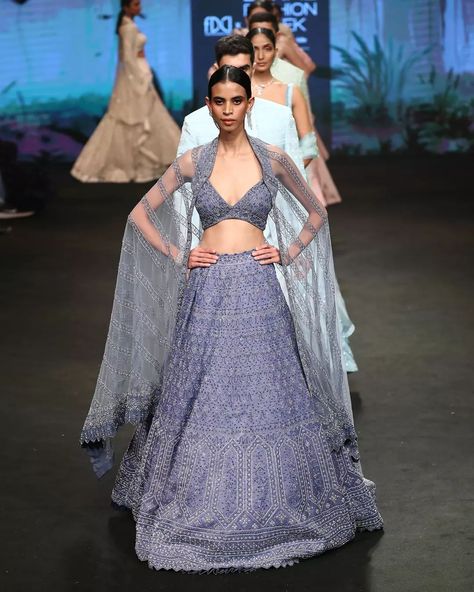 Varun Chakkilam Label on Instagram: “Recherché ~ LFW SS'22 Featured here is a twilight blue lehenga set. @lakmefashionwk @fdciofficial @nexaexperience @r1seworldwide Jewelry…” Varun Chakkilam, Twilight Blue, Blue Lehenga, Indian Couture, Lehenga, Cover Up, Saree, Couture, Boutique