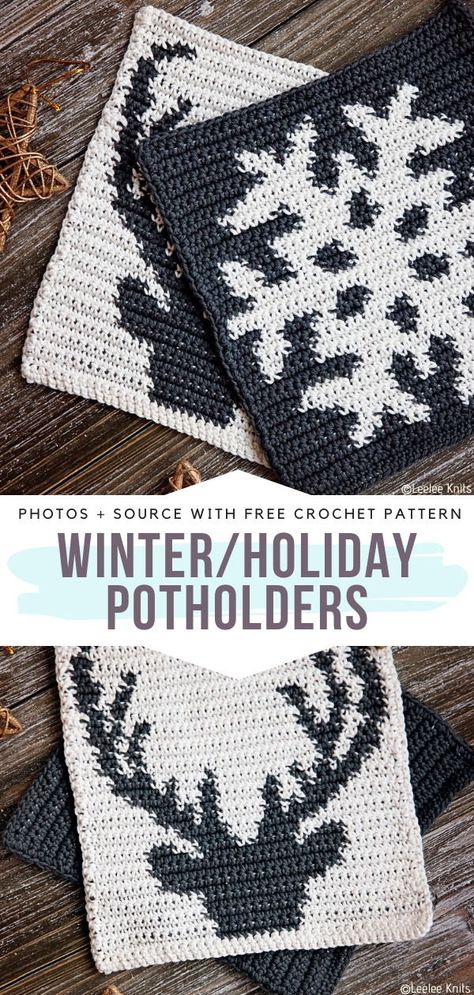 Winter/Holiday Potholders Free Crochet Pattern This elegant set of crochet potholders is the ultimate Christmas classic. It has simple colors that work together creating the perfect base for patterns inspired by the winter wonderland and its symbols. Do you prefer the reindeer or the snowflake? #crochetpotholder #kitchendecor #christmasdecor Holiday Potholders, Crochet Pot Holders Free Pattern, Diy Natal, Crochet Potholder Patterns, Mochila Crochet, Crochet Holiday, Crochet Hot Pads, Crochet Xmas, Potholder Patterns