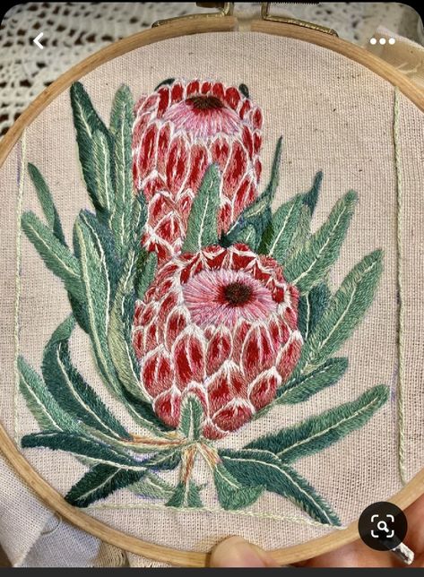 Protea Embroidery Design, Australian Flowers Embroidery, Protea Embroidery Pattern, Protea Embroidery, Pink Protea, Flower Greeting Card, Textile Art Embroidery, National Flower, Floral Embroidery Patterns