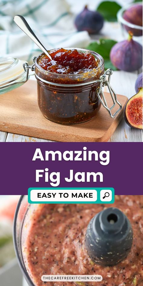 Enjoy fig season all year long with this Easy Fig Jam recipe. It uses just a few ingredients and tastes great on savory dishes, like burgers and sandwiches, as well as desserts like ice cream and cake. #thecarefreekitchen #figs #figseason #figjam #jam #figpreserves #howtocan #summer #jamrecipes Fig Jam With Dried Figs, Fig Filling Recipe, What To Do With Fresh Figs, Easy Fig Recipes, Fig Jam Uses, Fig Recipes Dessert, Pancake Syrup Recipe, Ice Cream And Cake, Fig Season