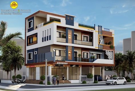 corner house design front elevation view G 3 Front Elevation Design, Corner House Design, Front Elevation Design, Building Front Designs, Flush Door Design, Small House Design Exterior, Building Elevation, Building Front, Indian Home Design