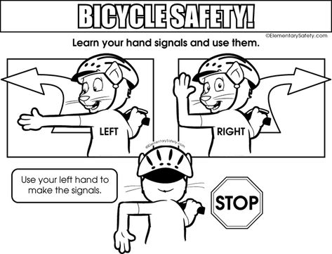 Hand Signals • Coloring Bicycle Safety Bike Safety Activities, Bike Rodeo, Safety Rules For Kids, Bike Parade, Cycle For Kids, Safety Crafts, Pe Activities, School Age Activities, Walk Cycle