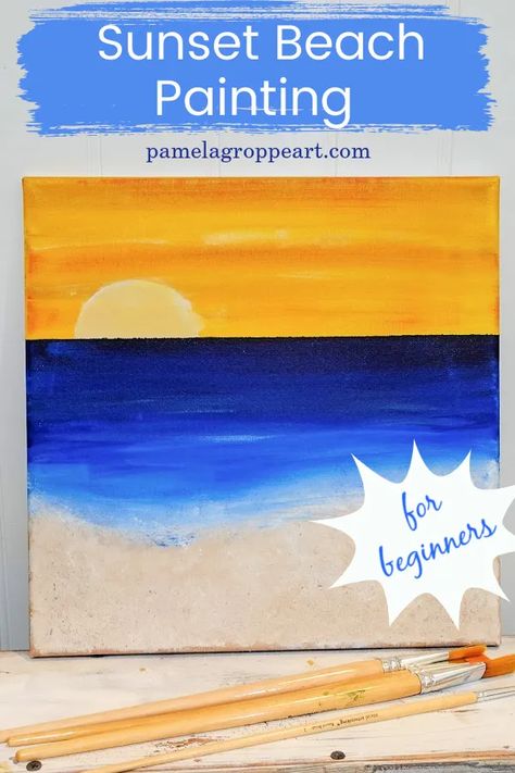 How To Paint A Beach Sunset, Step By Step Beach Painting, Beach Sunset Painting Easy Step By Step, Easy Sunset Painting For Beginners, Sunset Painting For Beginners, Easy Beach Painting, Mural Ocean, Sunset Painting Easy, Acrylic Sunset