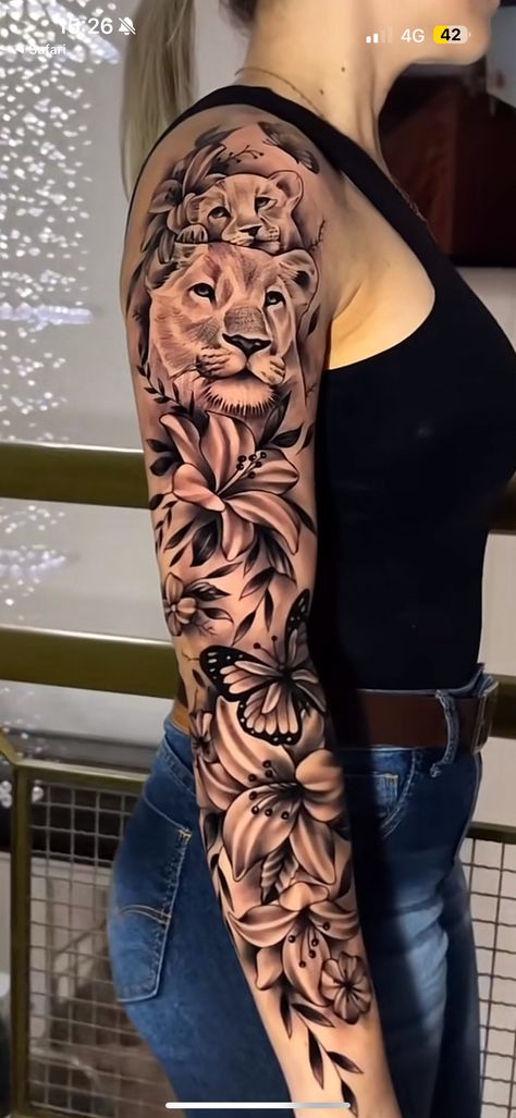 Lioness Sleeve Tattoos For Women, Female Lion Tattoo For Women Sleeve, Full Leg Tattoos Women, Latina Tattoos, Lion Tattoo With Flowers, Lilly Flower Tattoo, Female Lion Tattoo, Cherry Blossom Tattoos, Exotic Tattoos