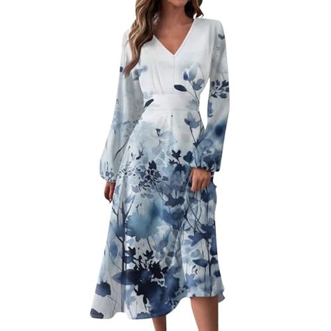 DOPOCQ Womens 2024 Fall Long Sleeve Dresses V Neck Bodycon Plus Size Dresses A Line Flowy Wedding Vacation Wrap Dresses Fall Long Sleeve Dresses, Bodycon Plus Size, Summer Work Dresses, Beach Dresses Casual, Long Sleeve Dresses Fall, Long Dress Summer, Dresses A Line, Dresses V Neck, Floral Dress Formal