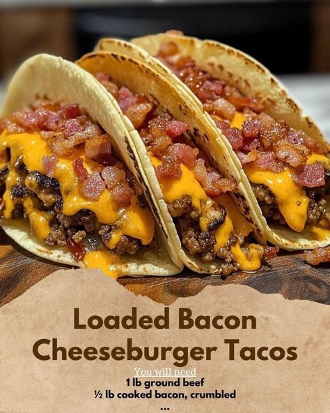 Bacon Cheeseburger Tacos, Cheeseburger Taco Recipe, Loaded Bacon Cheeseburger Tacos, Crenn Recipes, Coal Recipe, Bacon Wrapped Cheeseburger, Cheeseburger Tacos, Scary Birthday, Hamburger Meals